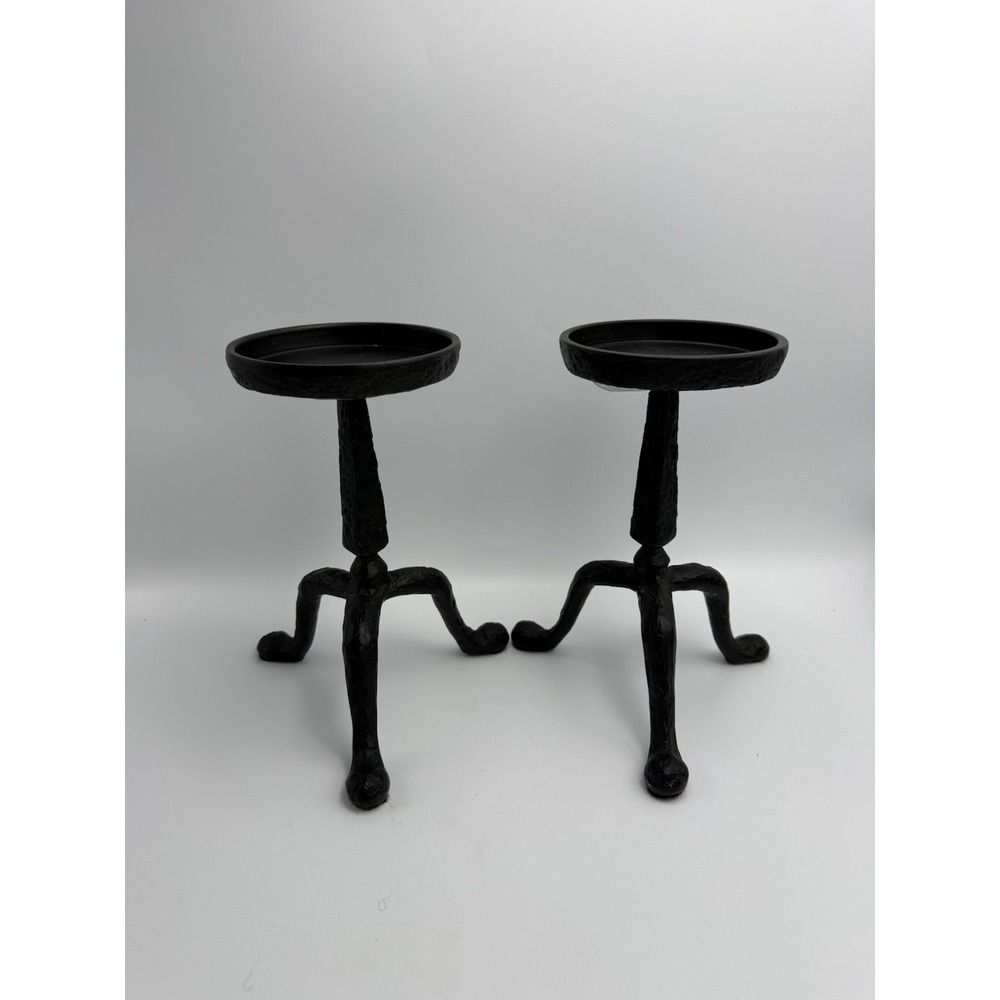 Pottery Barn Pair Of 2 Jenson Pillar Candle Holders Black Hammered Metal 10"